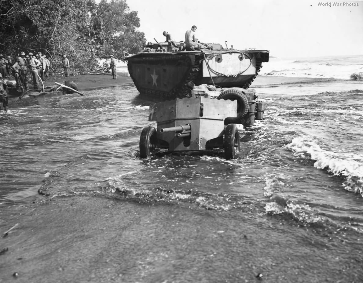 Marines in LVT pull gun onto Beach at Cape Gloucester