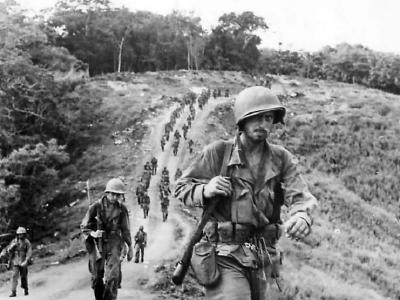 35th Infantry troops returning to base after 21 days in a fighting line to capture the Gifu on Guadalcanal 1943