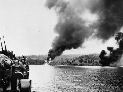 Japanese Bomb Blasts as US Ship Pulls into Guadalcanal Port 1943