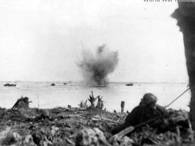 Marine Amtrac explodes after hit during Invasion of Guam