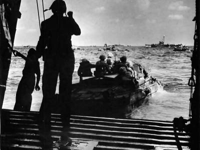 DUKW carries Marines from LST to shore of Iwo Jima