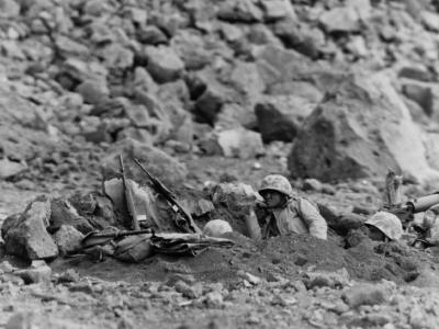 Marine M1919 Light Machine Gun Team Dug in at Base of Surabachi Iwo Jima 1945