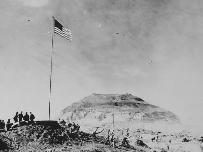 Photo of Mount Suribachi and Marine HQ Iwo Jima