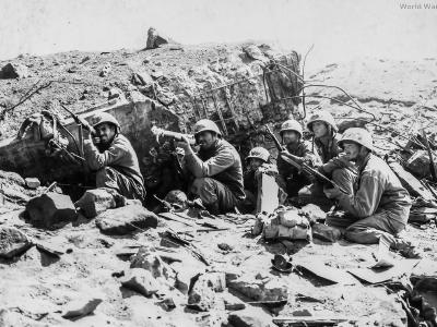 23rd Marines firing on Japanese holding the high ground on Iwo Jima