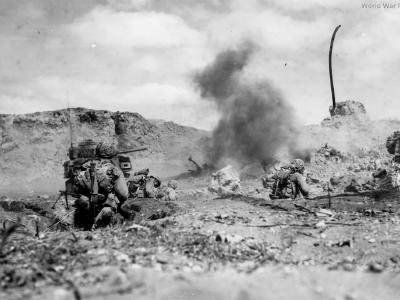 M4 and 3/28 Marines Assault Under Mortar Fire Iwo Jima February 1945