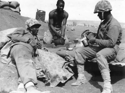 African-American Marines Rest on Beach of Iwo Jima