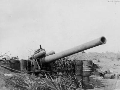 Japanese 12 inch coast defense gun emplaced on Iwo Jima on the northeast side of Mount Surabachi