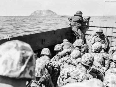 LCVP load of Marines off Iwo Jima on 1st Day of Invasion 19 February 1945