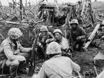 Marines prepare to assault blockhouse on Iwo Jima 5 March 1945
