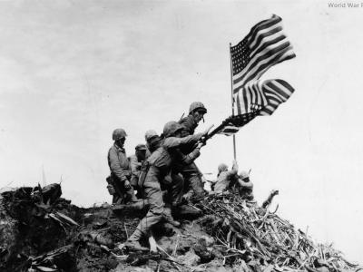 Preparing to raise the 2nd Flag on Mt Suribachi Iwo Jima 23 February 1945