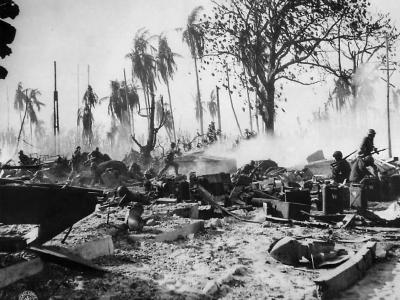 7th Division troops attack Japanese pillbox on Kwajalein