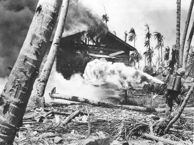 Soldier in action with flame thrower on Namur Island