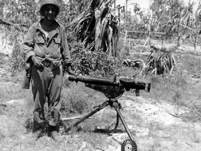 Captured Type 92 Lewis machine gun on tripod, Makin 1943