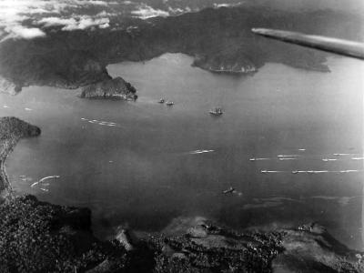 Aerial view as landing craft move through Tanahmerah Bay