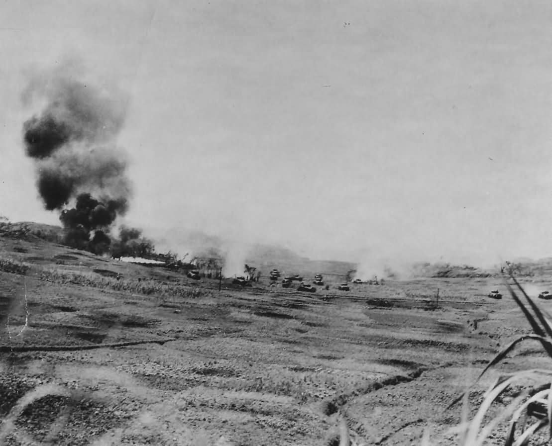 6th Marine Division Flame Throwing Tank in action Okinawa May 1945
