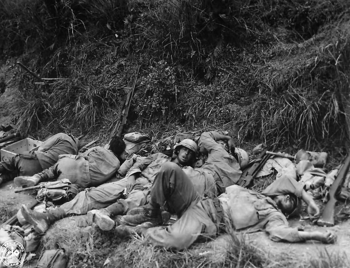 96th Division Troops Sleep after Capturing Big Apple Hill Okinawa