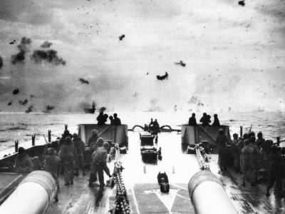 Battleship Fires on Japanese Suicide Plane off Okinawa pacific