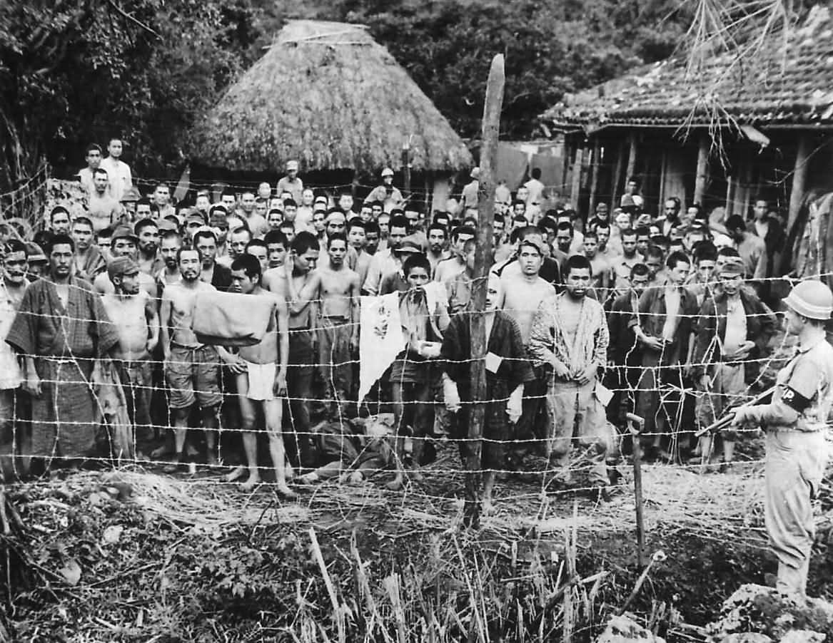 Japanese prisoners of war captured by Marines of the 6th Division in POW stockade at Okuku Okinawa
