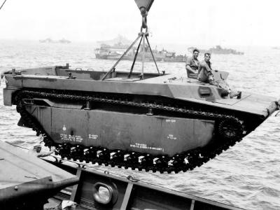 LVT Buffalo Being Lowered into Water off Okinawa’s Orange Beach 1945