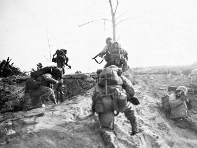 Marine Infantry with Thompson and M1 Carbine Okinawa April 15 1945