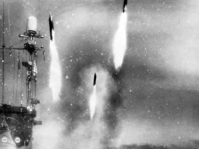 Rocket attack from Navy LSM toward beach at Okinawa