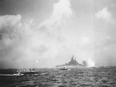 Battleship USS West Virginia BB-48 bombarding Okinawa
