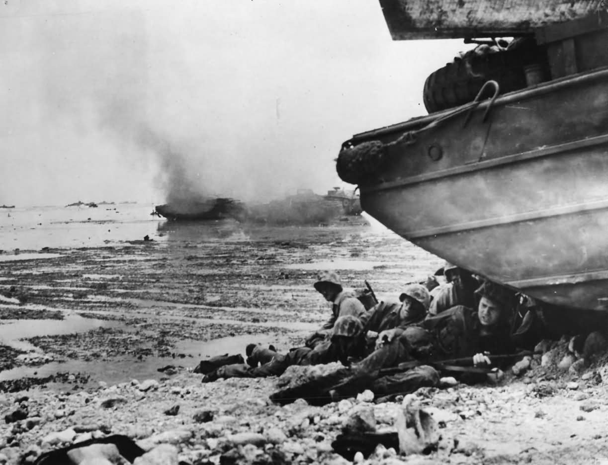 1st Division Marines Shelter Beside DUKW on Peleliu Beach 1944