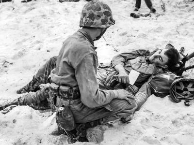 1st Marine Division Medic with Wounded Peleliu