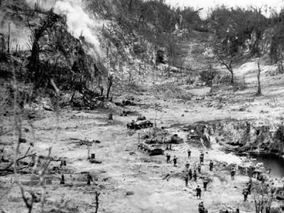 Japanese In Caves Shelled By US Tanks Peleliu Island Palau Group October 1944