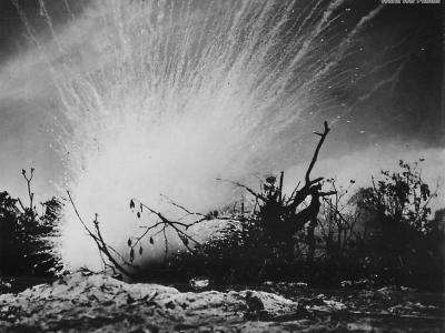 Phosphorous grenade explodes over Japanese pillbox