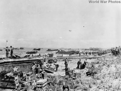 43rd ID troops and LVT on Yellow Beach, Lingayen Gulf