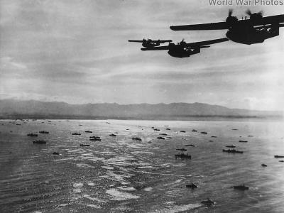 PBYs drone overhead invasion convoy
