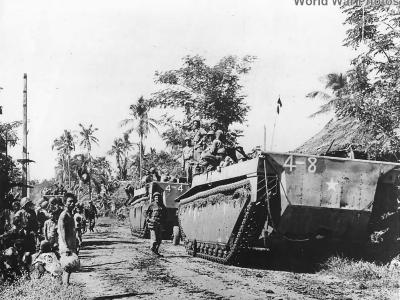 Soldiers and LVTs advancing in Binmaley Luzon 1945