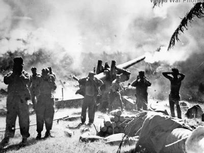 US gunners shell Japanese with 155 mm Carigara