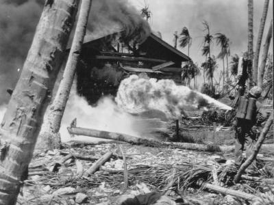 Marine flame thrower in action on Saipan