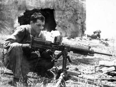 Marine with Captured Japanese Type 92 7,7 mm Machine Gun Saipan