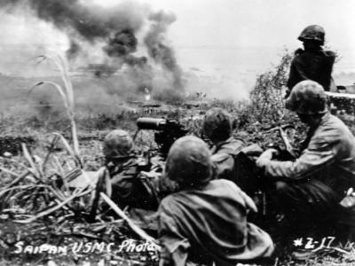 Marines Fire Machine Gun At Japanese Troops Saipan Pacific