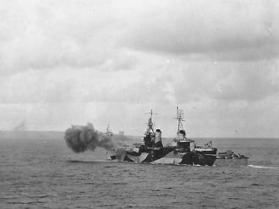 US Navy ship Bombarding Saipan Beach