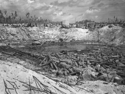 Japanese ammunition dump on Tarawa Island after US pilot scored a direct hit from his dive-bomber