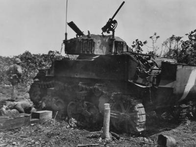 Destroyed M5A1 Stuart Tank of KIA Captain Denig Namur Island Kwajalein 1944