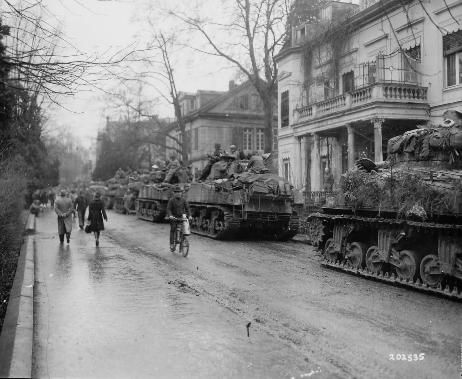 7th Armored Division M4 Sherman Platoon in Bad Godesberg Germany March 1945