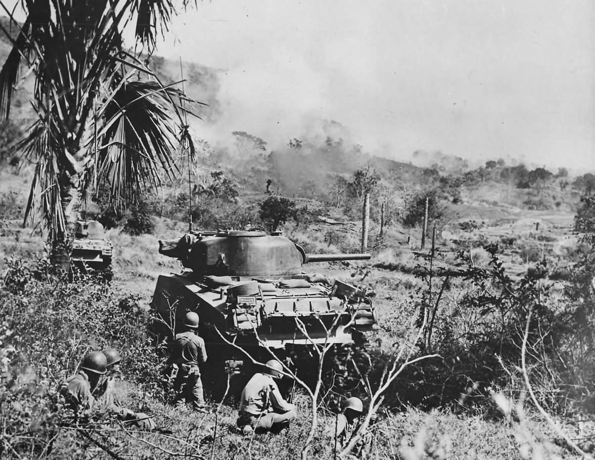 M4 Sherman tanks support advance of 158th Regimental Combat Team on Luzon