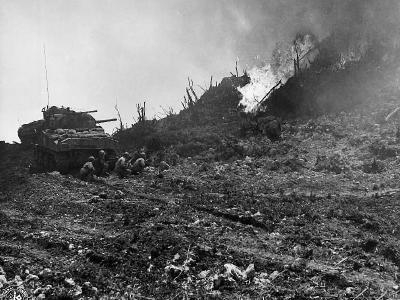 10th Army Flame Throwing M4 Sherman Tank in Action Okinawa 1945