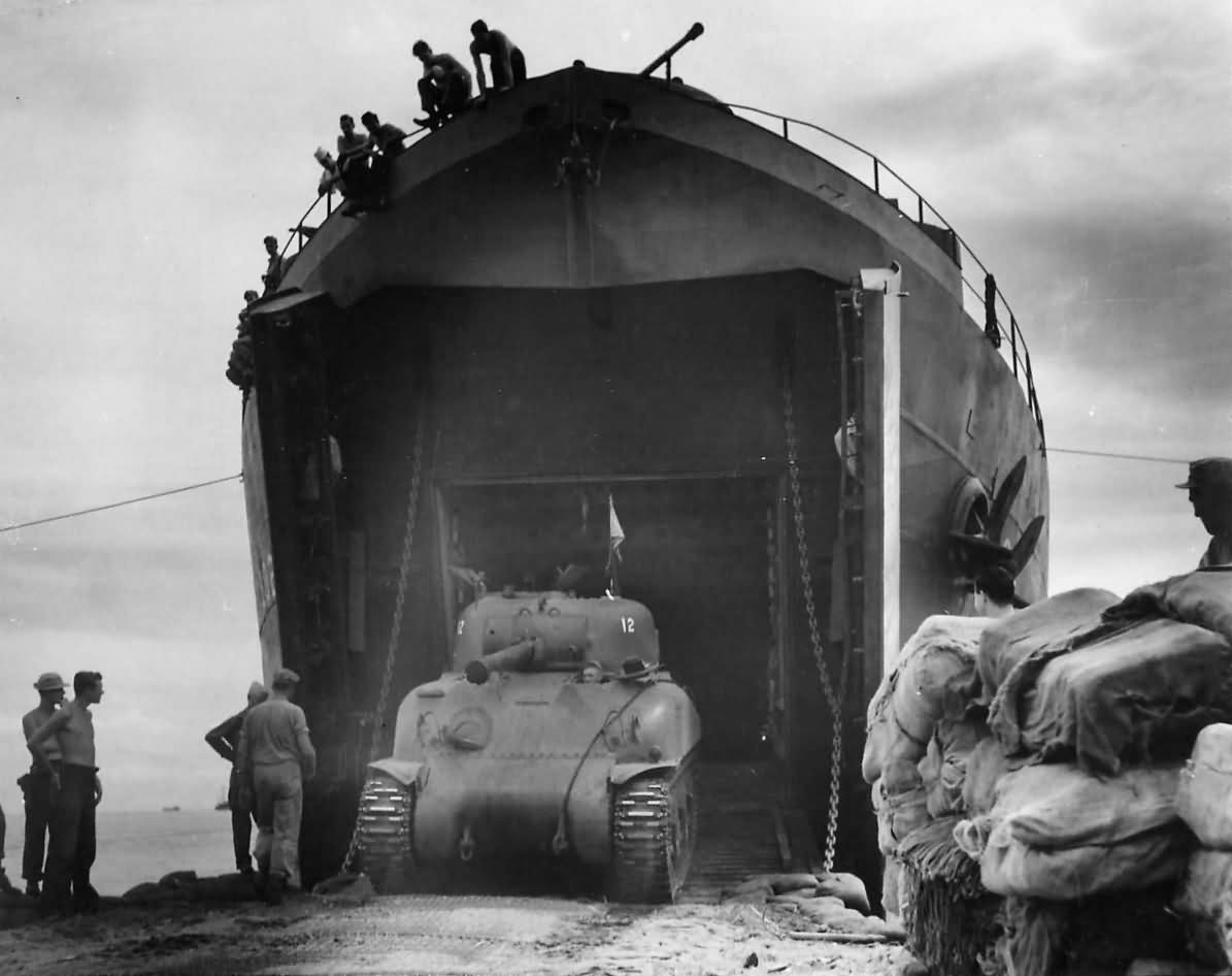 1st Tank Battalion M4A1 Offloads from USS LST 202 at Cape Gloucester 1944