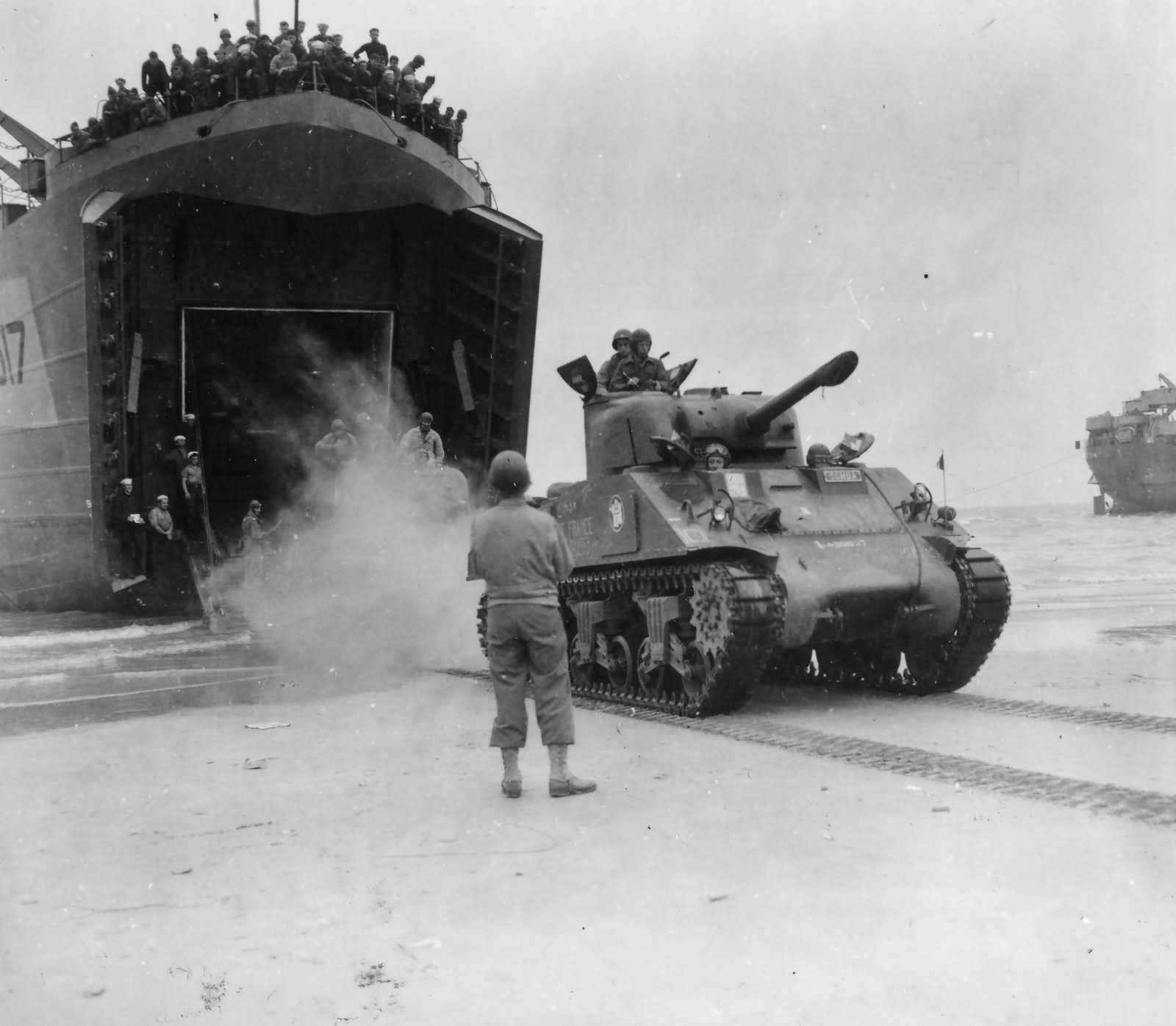 2nd Free French Armored Division M4A2 Sherman Debarks from LST at Utah Beach Normandy 1944