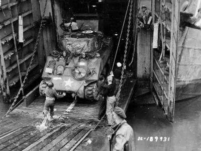 2nd Armored Division M4 Sherman Debarks LST Normandy June 1944
