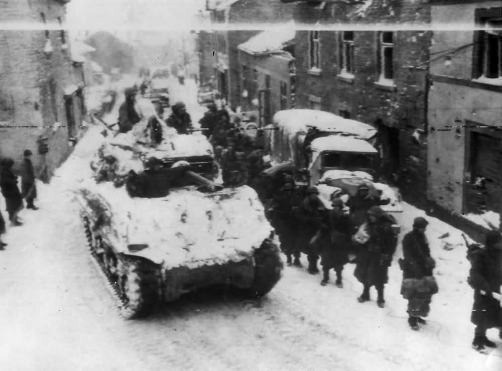 3rd Armored Division M4A3E2 Sherman Jumbo Tank and 83rd Infantry in Lierneux Belgium 1945