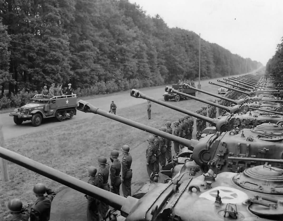 Gen George Marshall inspects troops and M4 Sherman tanks of the US 2nd Armored Division near Berlin 1945