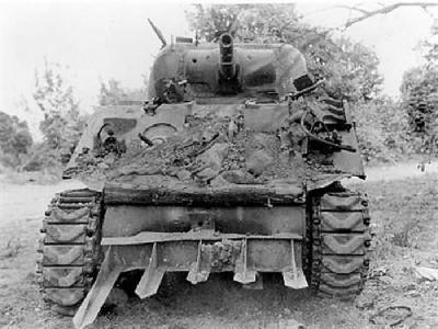 Knocked Out M4 Sherman Tank with hedgerow cutters Normandy