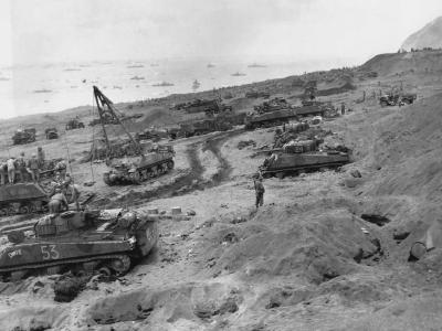 M4 Sherman tanks Equipment for Battle coming ashore Iwo Jima 3 February 1945
